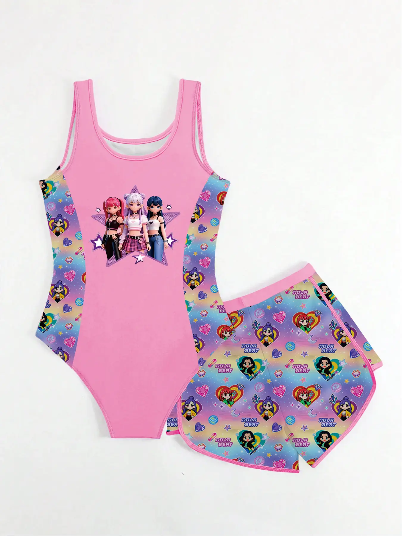 Kids Girls 2-Piece Skirted Swimsuit, Hot Pink Three K-Pop Cartoon Girl Star Print Spliced U Tank One Piece Bathing Suit & Rainbo