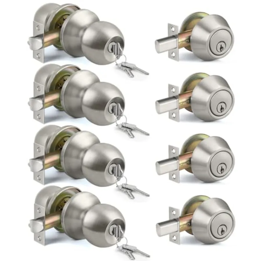 

4 Pack All Keyed Same Exterior Door Knob with Key Lock and Deadbolt, for Entrance and Front Door