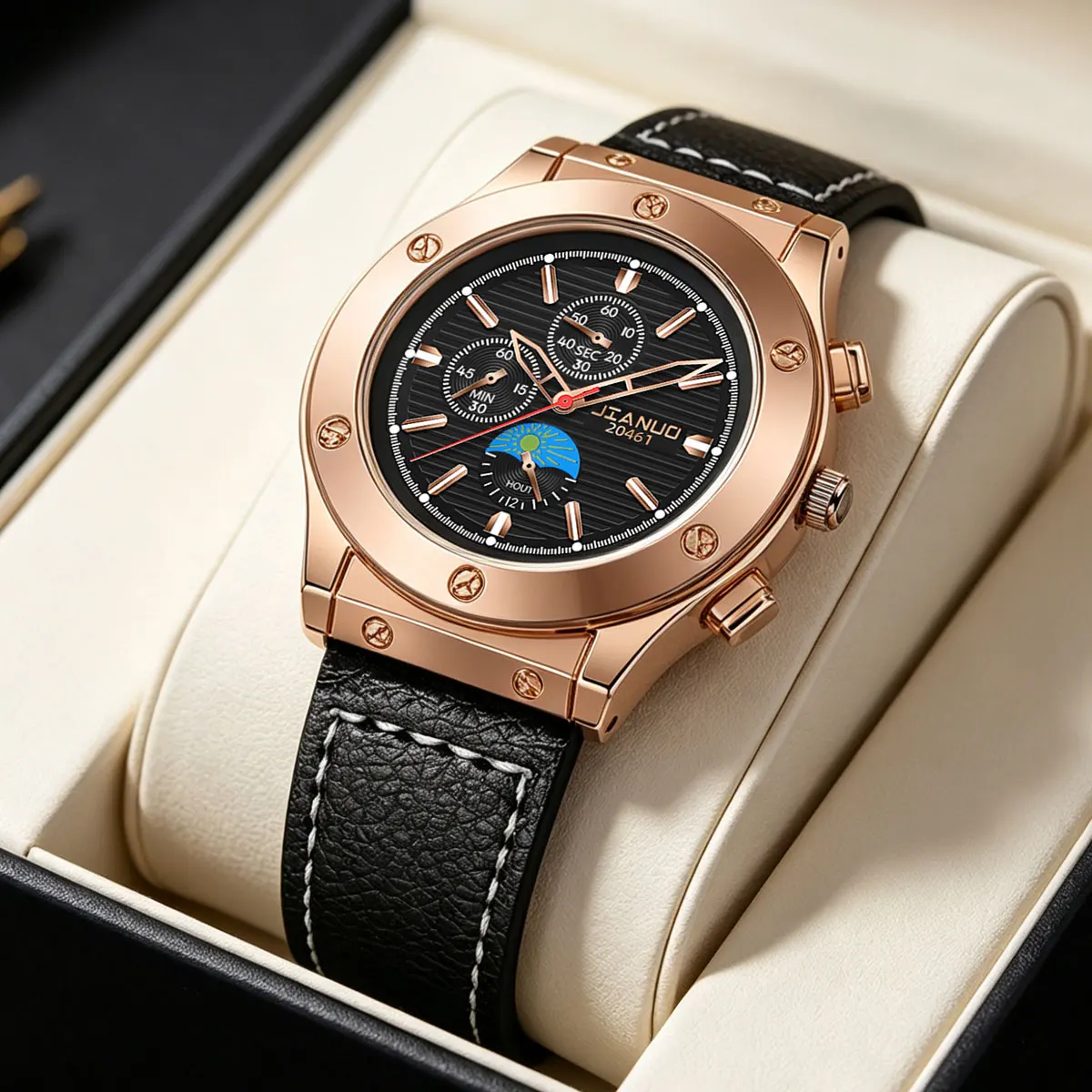 Fashionable Men's Quartz Watch Large Dial Personalized Leather Belt Rose Gold Business Watch with Sun-Moon Design