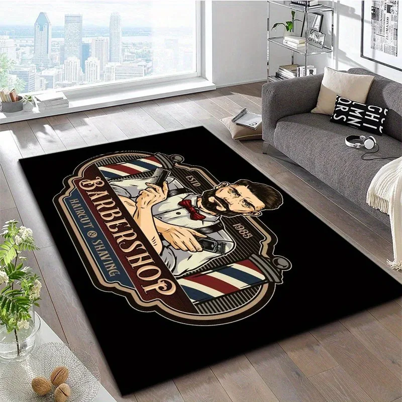 Barber Shop Theme Round Rug 3D Printed Visual Ornament Non-slip Flannel Floor Mat for Hair Salon Office Living Room Decor