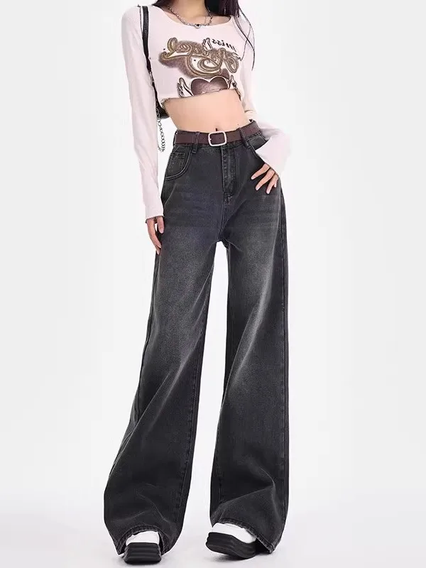 

Джинсы с высокой талией и прямыми штанинами для женщин, свободного кроя, больших размеров, широкие брюки с эффектом похудения, универсальные джинсы K-EY