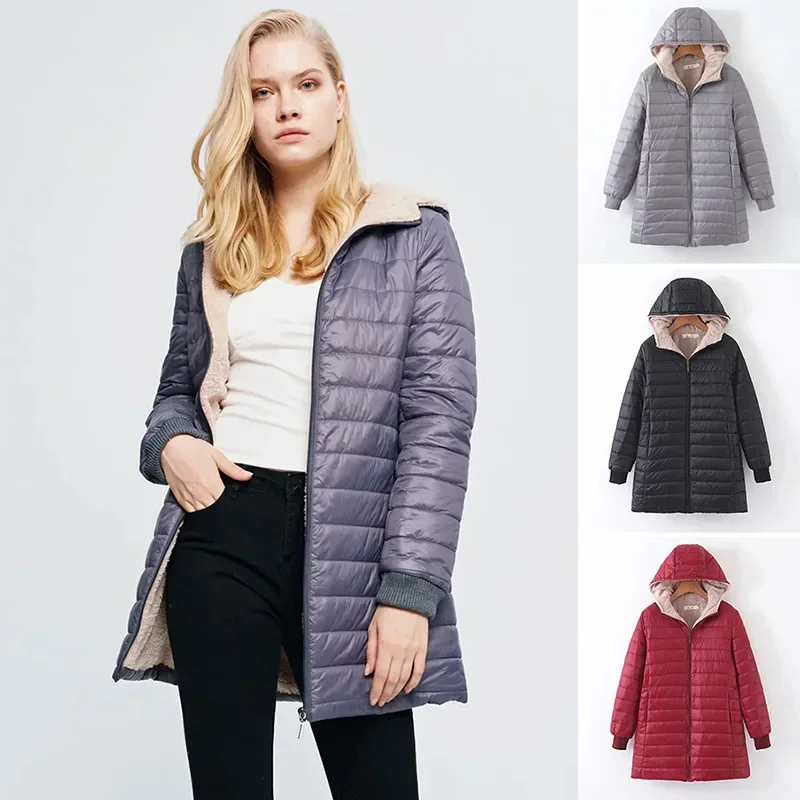 

Autumn and Winter Fleece Hooded Cotton Jacket for Female Students, Lamb Fleece Cotton Jacket, Medium To Long Cotton Jacket