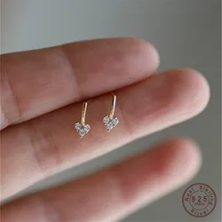925 Sterling Silver Plated 14k Gold Three Zircon Heart Stud Earrings for Women Korean Temperament Jewelry Accessories