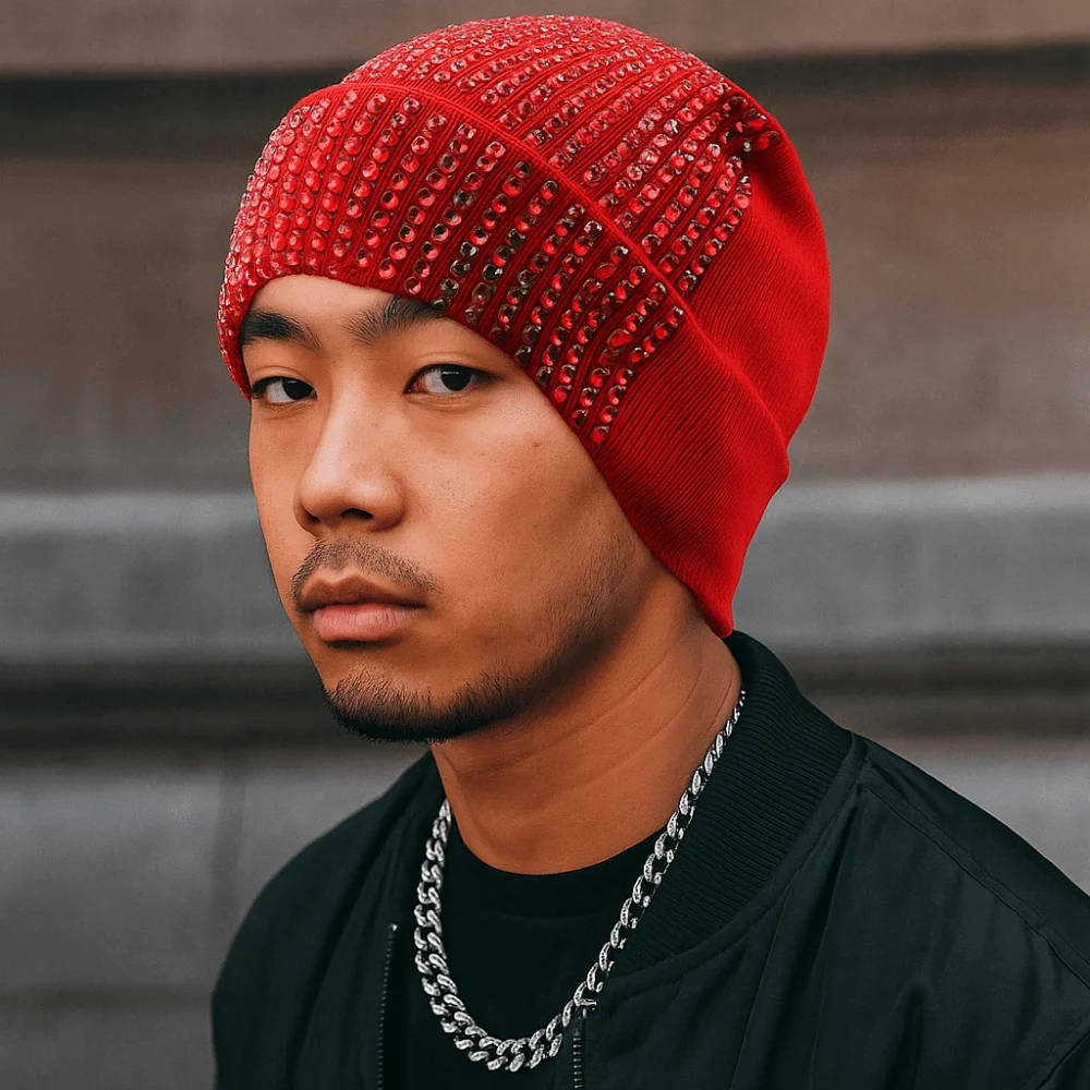 Casual Versatile Beanie Hat Warm Windproof Rhinestone Knitted Cap Shiny Stretchy Crimping Ski Caps for Men and Women