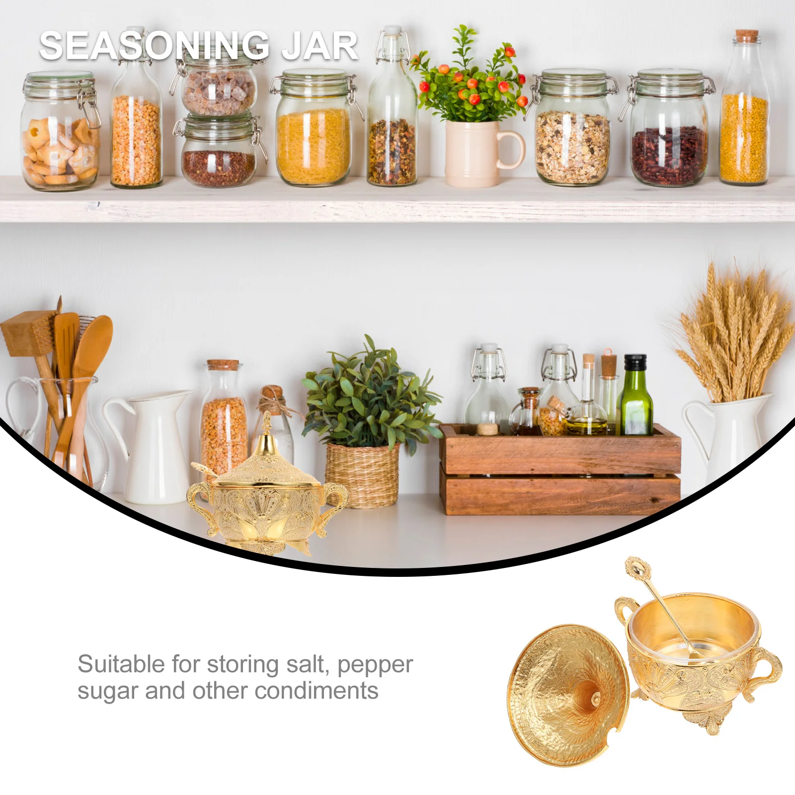

1pc Household Seasoning Jar Zinc Alloy Carved Design Rust-Proof Kitchen Spice Storage Holder For Salt Pepper Sugar Condiments