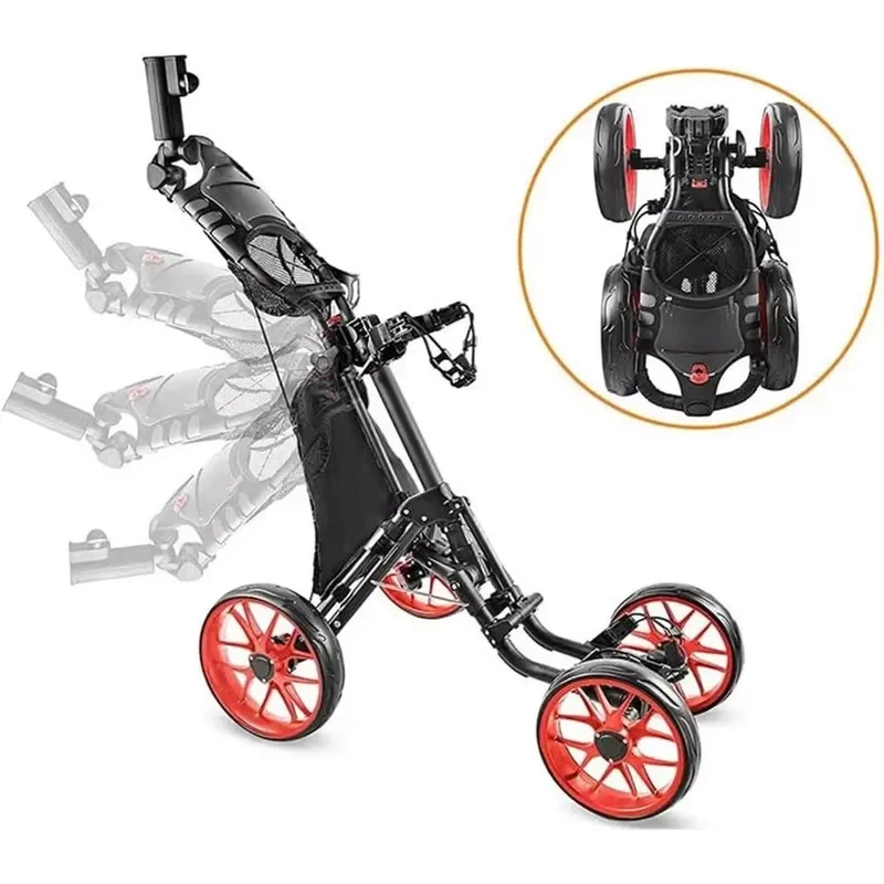 Portable Foldable Golf Cart 4-Wheel Cart with Foot Brake Cup and Umbrella Stand for Golf Course Use