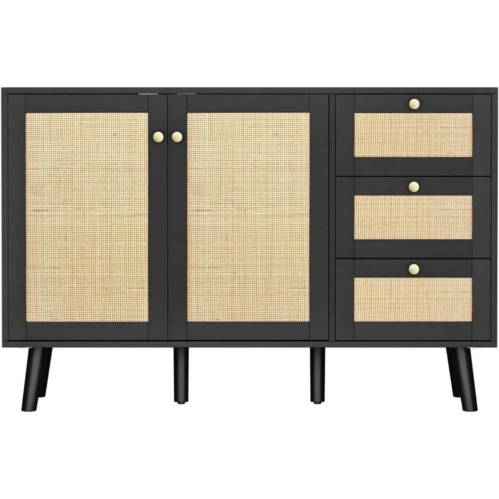 

Rattan Cabinet, Black Sideboard Buffet Cabinet with 2 Doors and 3 Drawers, Sideboard with Storage Wood Credenza Storage Cabinet