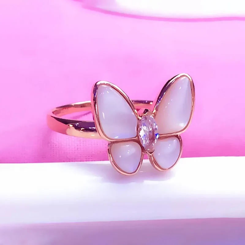 New in 585 Purple Gold Butterfly Rings for Women Plated 14K Rose Gold Inlaid White Fritillaria Crystal Ring Fine Jewelry