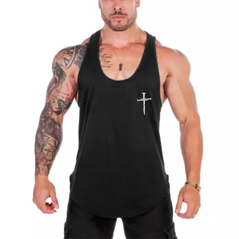 Summer Fitness Muscle Sport Tank Top Man Personalized Cross Print Bodybuilding Mesh Breathable Quick Dry Sleeveless Running Vest