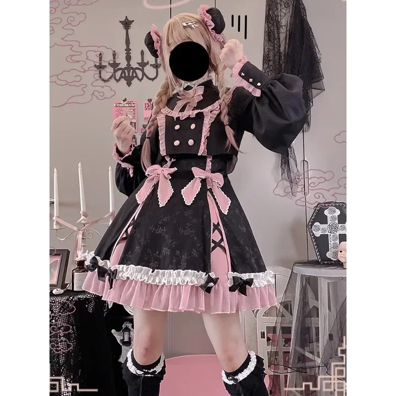 

Original Sweet Black Pink Bow Jacquard Ruffle Lolita Dresses with Coat Autumn Chinese Style Op Cheongsam Dress Cosplay Qipao