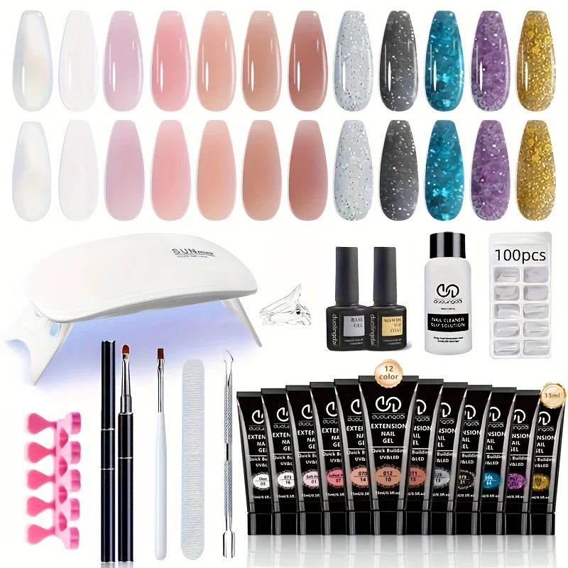 

Полный набор для наращивания ногтей полигелем с лампой-сушкой - 12 цветов полигеля, средство для легкого нанесения, стразы