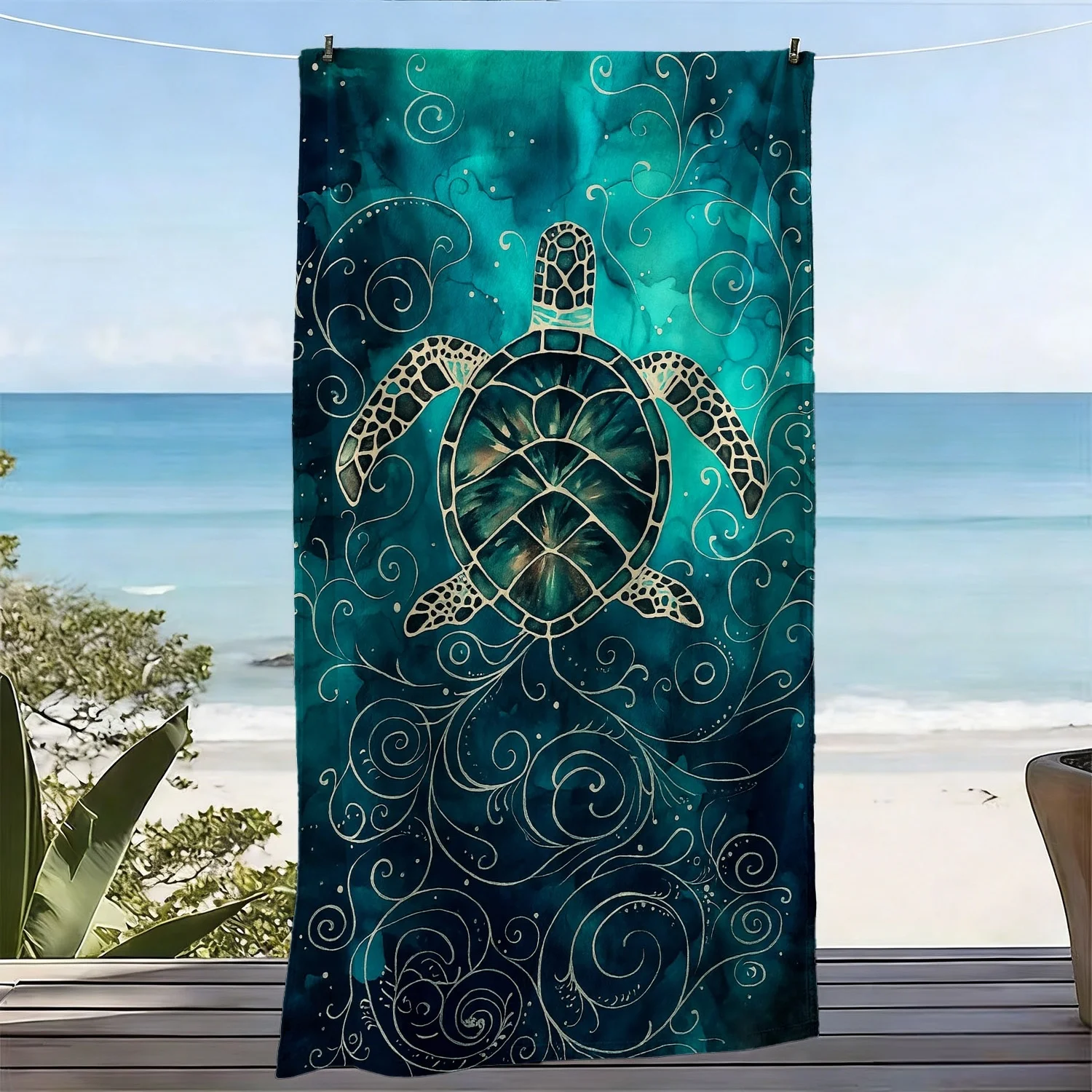 Ocean-themed Large Soft Beach Towel with Sea Turtle Pattern Exquisite Swirl Print Microfiber Bath Towel Quick-Drying and Super