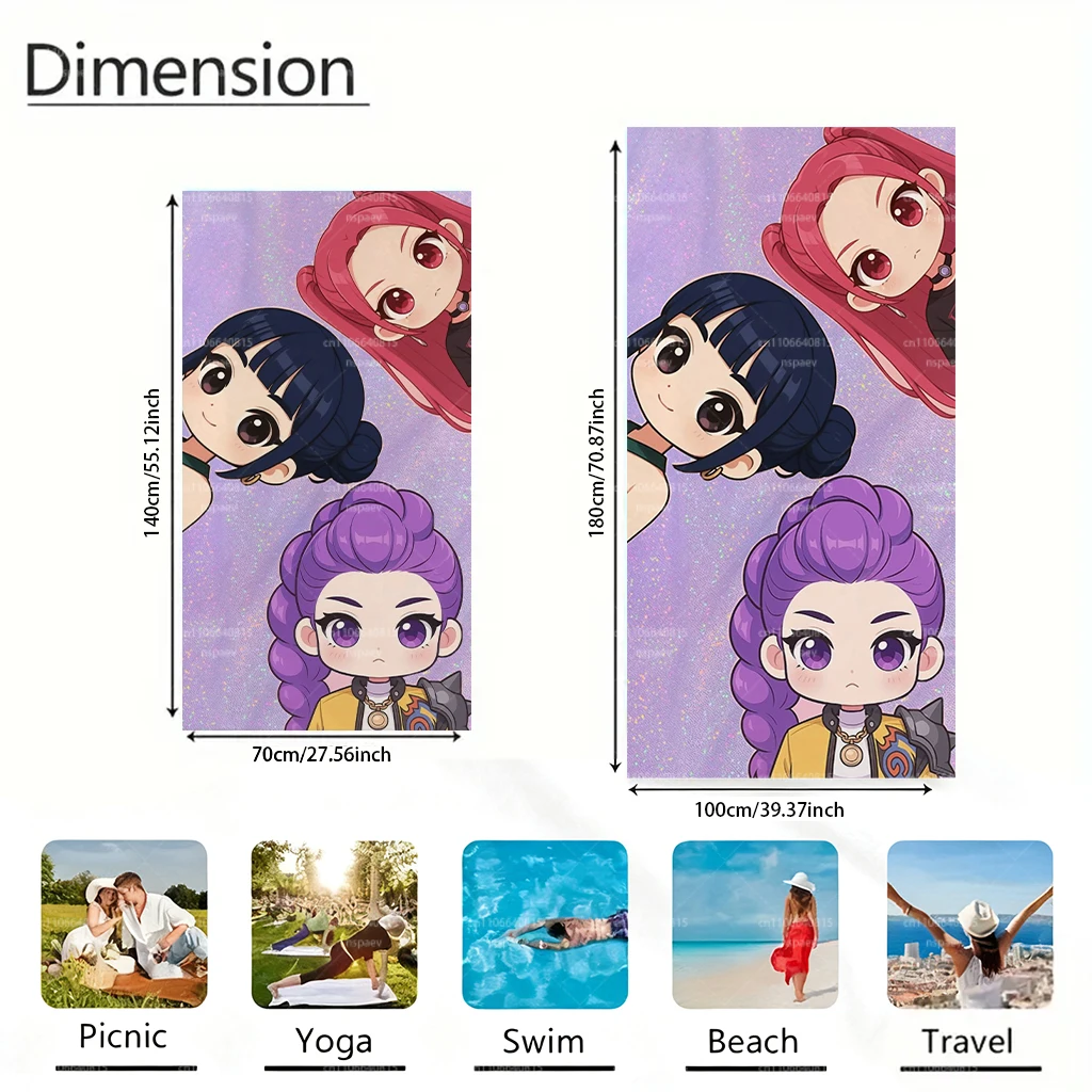 K-Pop Girl Group Chibi Anime Beach Towel, Glitter Purple Print Quick Dry Bath Towel, Soft Microfiber Fan Gift Blanket