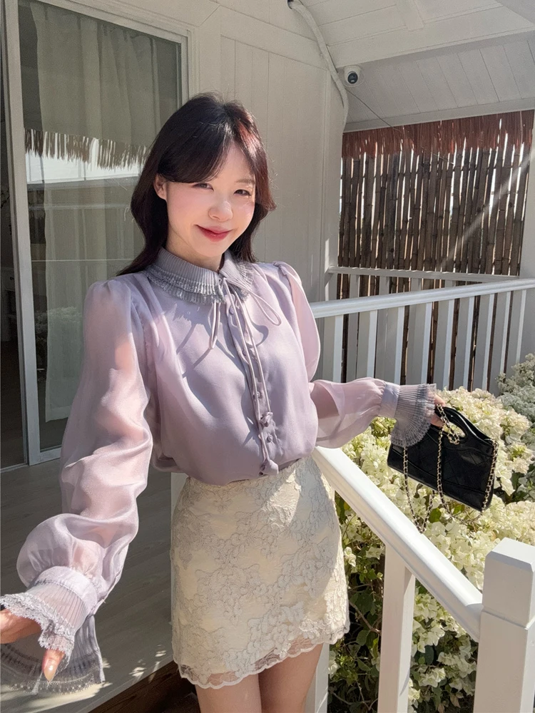 

Элегантная женская блузка с кружевными вставками и длинными рукавами, весна 2026, новый французский стиль, свободный крой, на пуговицах, модный хит