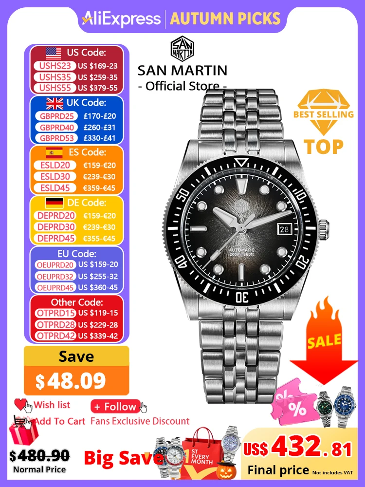 San Martin 37.5mm 40mm Enamel Spiral Vortex Dial Men Luxury Diver Watch Miyota 9015 Automatic Mechanical Waterproof 200m SN0148