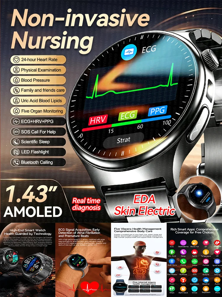 2026 Neue nicht-invasive Gesundheits-Smartwatch für Männer: Harnsäure, Blutfette, Elektrokardiogramm, EDA-Emotion, Blutdruck für fünf Organe, Blutfette, EKG+PPG-Körpertemperatur, körperliche