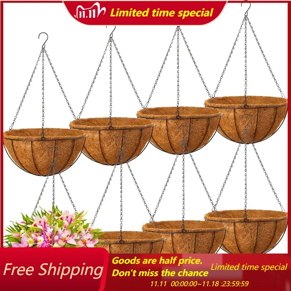 8 Pack Hanging Planters 14 Inch Metal Flower Pots Basket Holder with Coconut Coir Liners Metal Round Wire Plant Holder