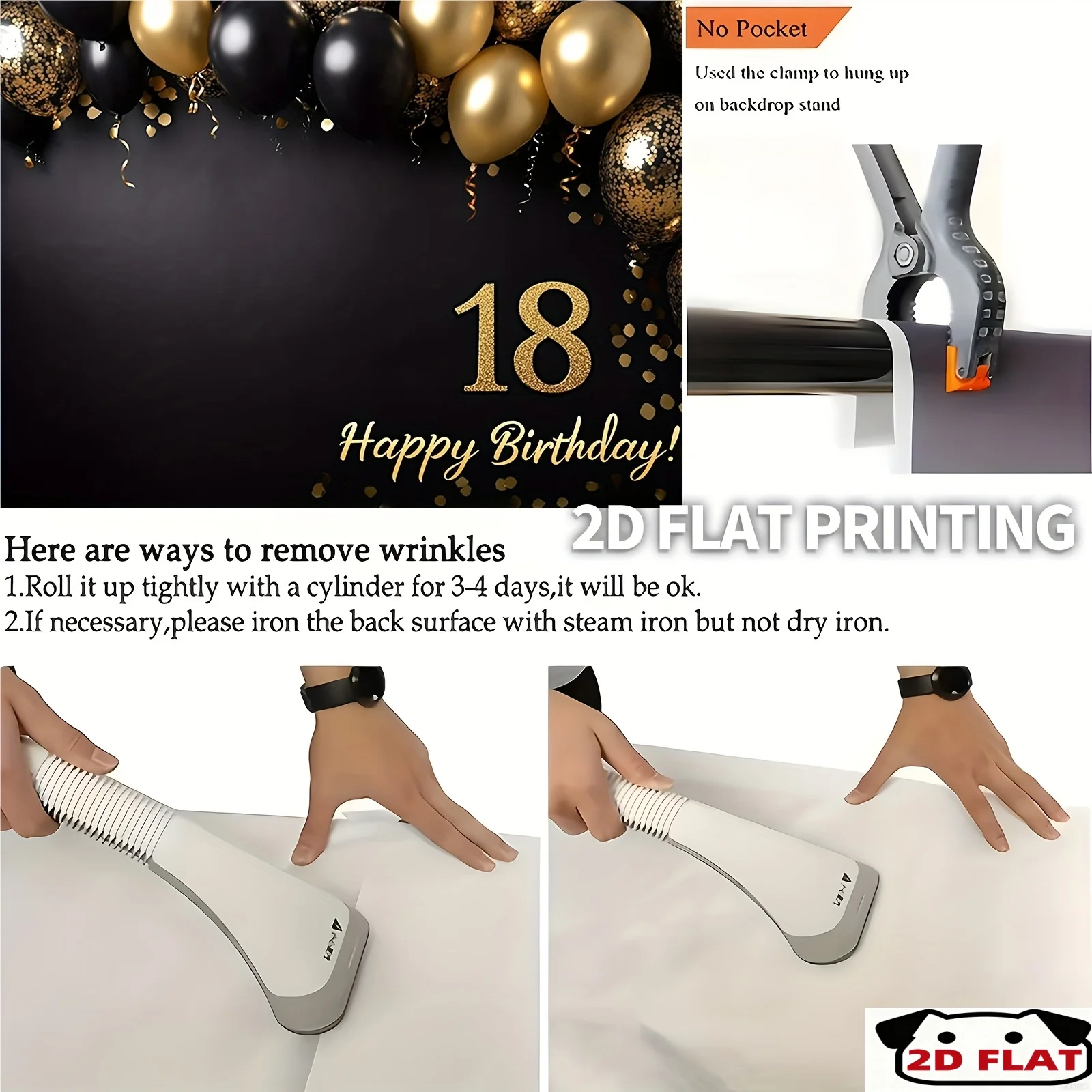 2D-Flachbanner zum 18. Geburtstag mit goldenem und schwarzem Ballondesign in Form der Zahl 18 als Partyhintergrund mit dem Text „Alles Gute zum Geburtstag“. – Detail 6