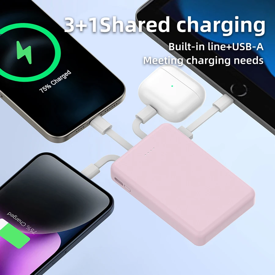 Mini 5000mAh Portable Power Bank With Built-in LED Digital Display, 1 USB-A Port and 3 Integrated Charging Cords, Ultra Compact External Battery Pack, Support Multiple Devices Simultaneous Charging Compatible With  Android Smartphones Tablets Travel Emerg