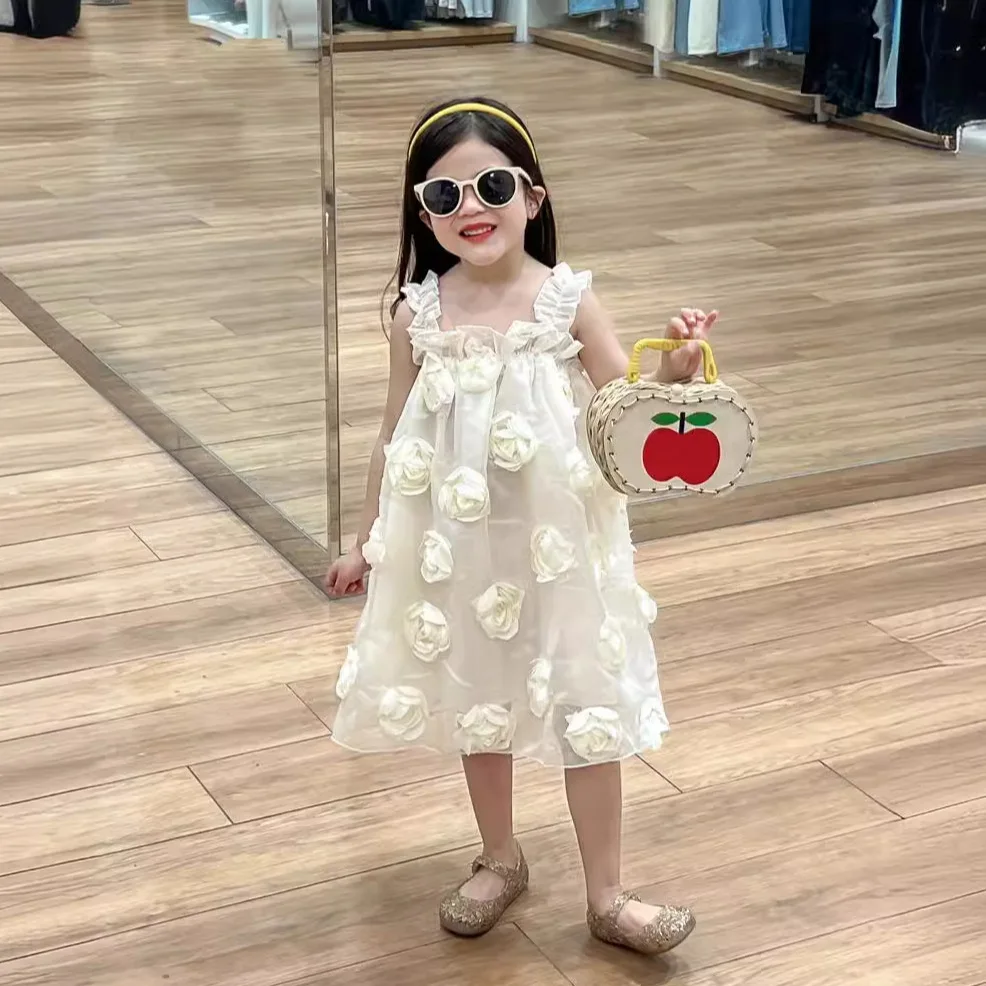 Korean Version of Childrens Clothing Summer Girl 2024 New Rose White High-end Sleeveless Princess Dress Trend