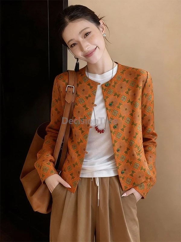 

Retro Chinese Style Printing Shirt Jacket Women Top Round Neck Long Sleeve Vintage Blouse Coat Spring Daily Lady Coat