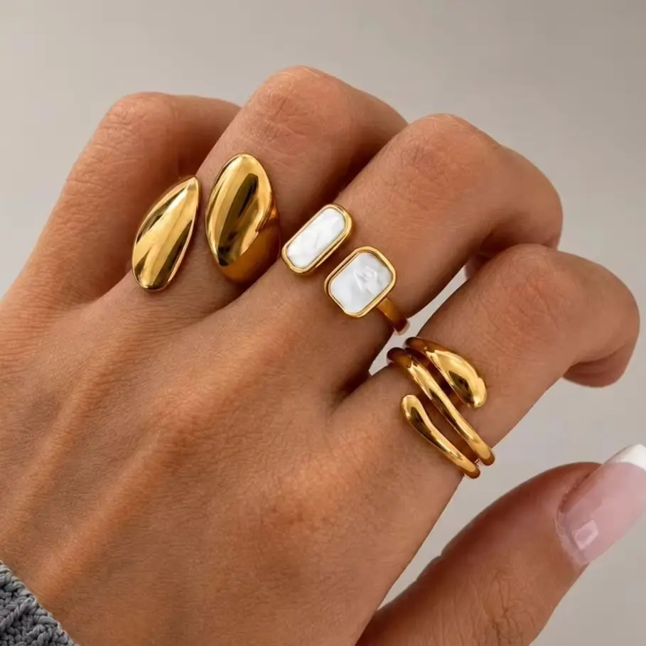 Minimalist 3Pcs Stainless Steel Ring Set for Women, Gold Tone Irregular Open Rings White Inlay Geometric Statement Jewelry Gift