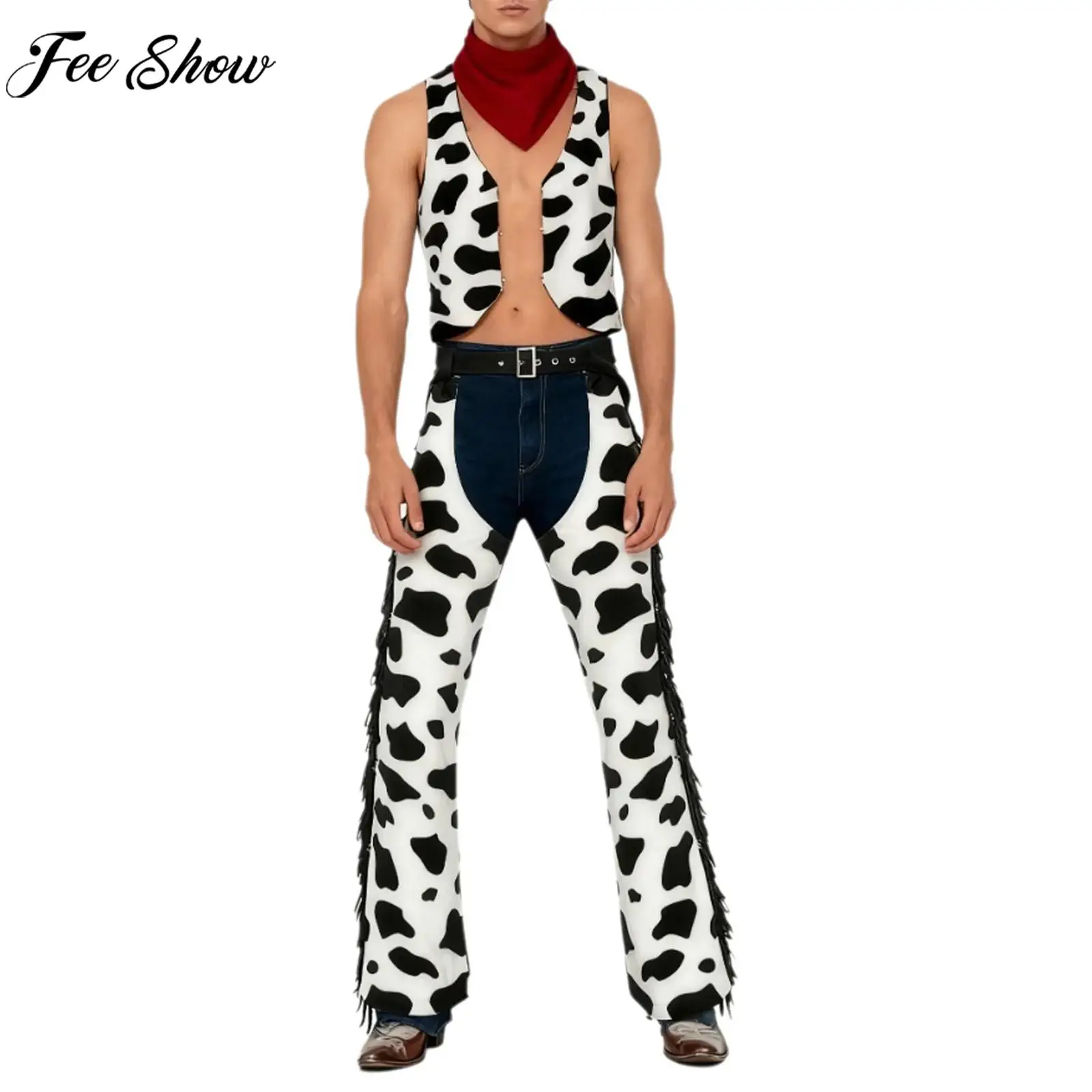 

Мужской ковбойский костюм в стиле ретро в стиле вестерн, фланелевой жилет с коровьим принтом и бахромой, брюки с открытой промежностью, бандана для тематической вечеринки на Хэллоуин