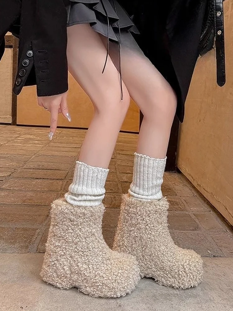 

Y2K Shoes Girls Fluffy Winter Snow Boots Synthetic Cashmere Warm Platform Shoes for Woman Non-slip Plush Home Fashion Botas