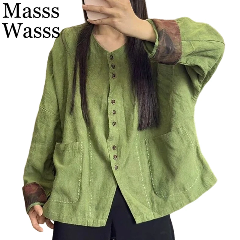 

Masss Wasss Spring 2026 Chinese Patchwork Cotton Linen Coats Women Loose Fashion Casual Jackets Ladies Classic Vintage Outerwear