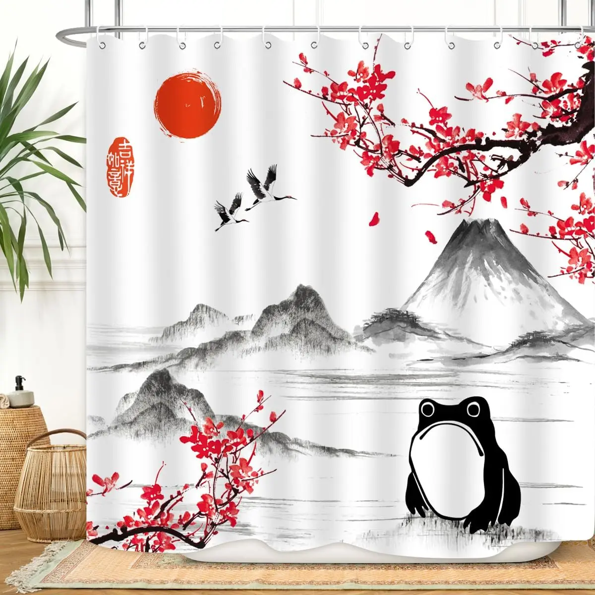 Cortina de ducha de arte asiático tradicional con flores de cerezo, guías Fuji y rana, diseño resistente al agua, baño temático Oriental