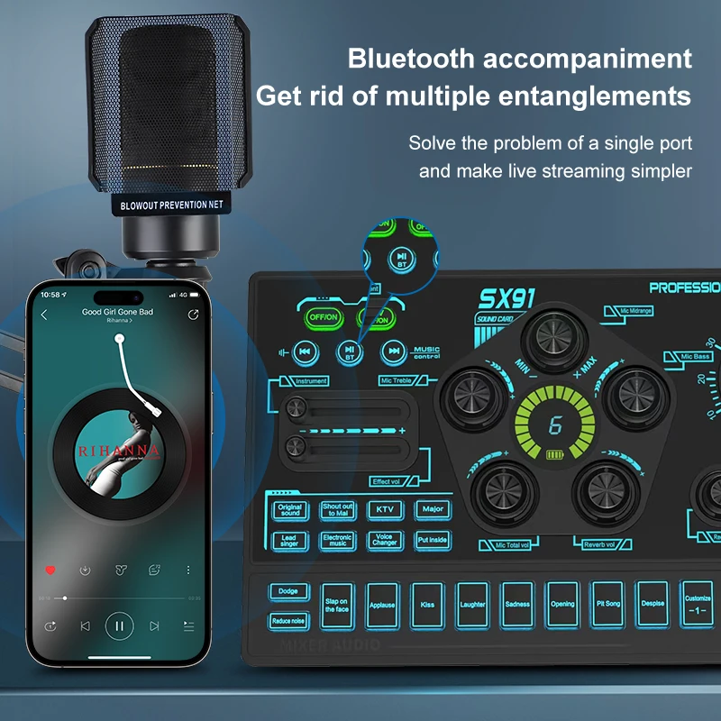 External Music RGB Lighting Wired 2 MIC 2 Phones Interface Audio Studio Sound Card Recording Microphone