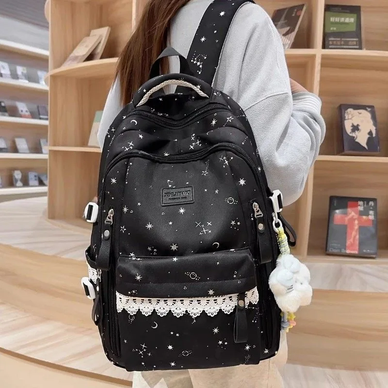 Middle School Students School Bags Korean Lace Celestial Print Cute Backpacks Teen Girls Kawaii Daypack Large Casual Rucksack