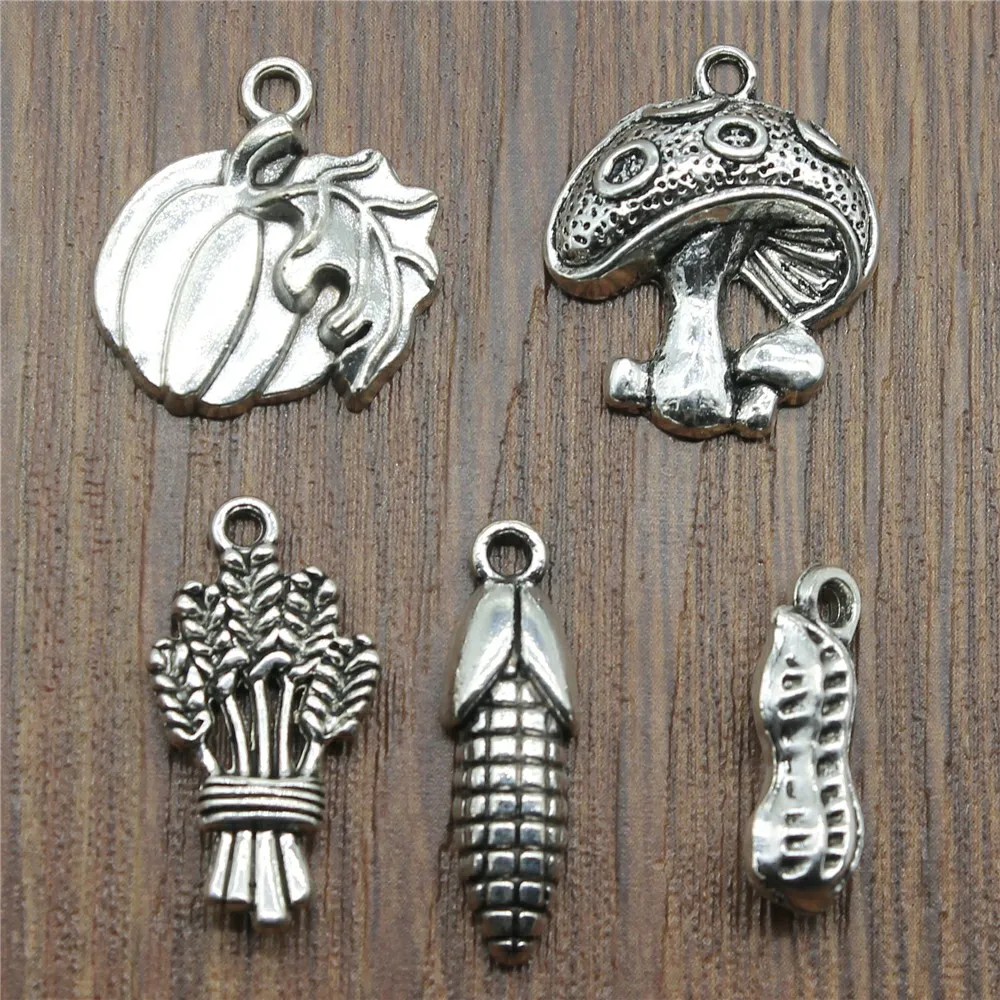 20 pièces breloques alimentaires Antique couleur argent champignon pendentifs à breloque bijoux accessoires citrouille maïs breloques pour la fabrication de bijoux