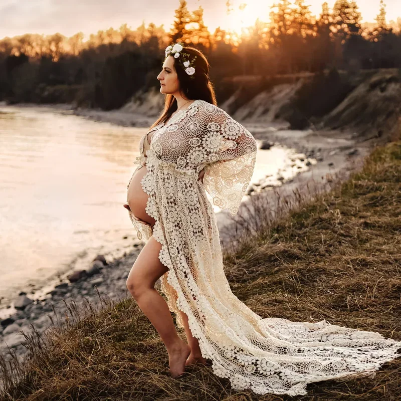 Embroidery Boho V-neck Maternity Photography Dress Cotton Robe Evening Gowns Photo Shoot Skirt Pregnancy Women Cardigan Clothes