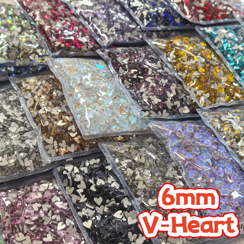 1440Pcs 6mm V-Heart Shape Flat Back Fancy Rhinestones Faceted Shiny Crystal Gems For Nail Art Phone Case Clothes DIY Decoration