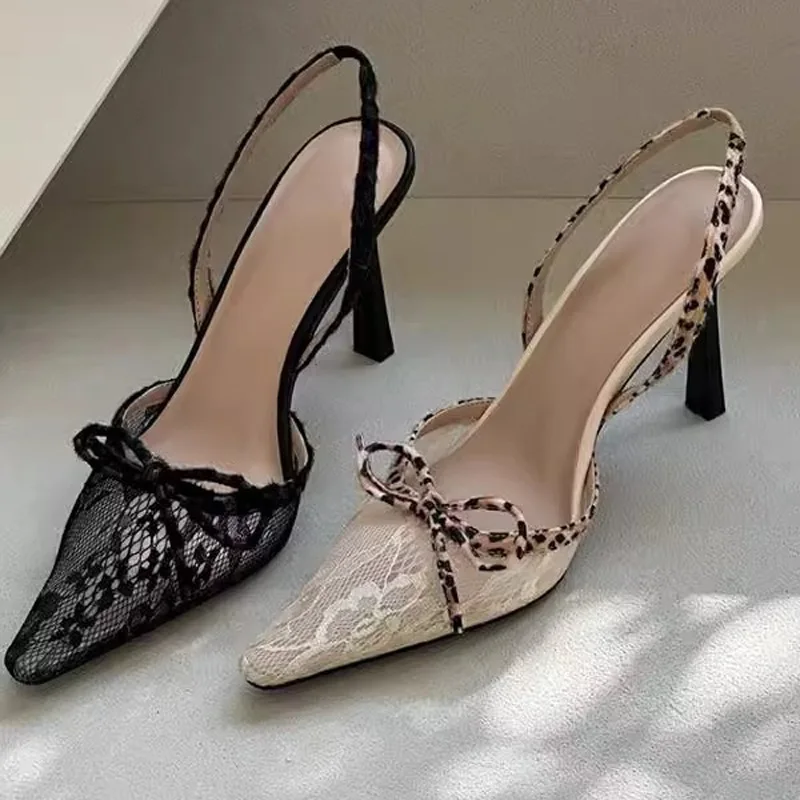 

Women's High Heeled Sandals Sexy Pointed Toe High Heels Leopard Print Lace Banquet Dress Shoes for Women Butterfly-knot Sandals