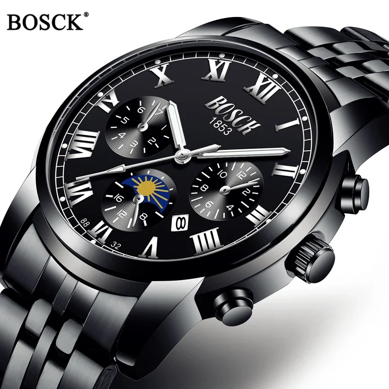 

BOSCK Brand 2020 Luxury Men Watches Sport Quartz Waterproof Watches Classic Men's Stainless Steel Band Auto Date Wristwatches