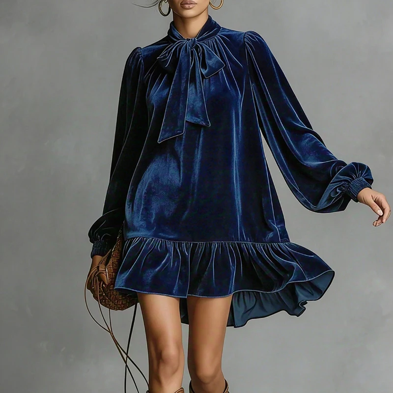 Damska codzienna sukienka z kokardą przy dekolcie, rozkloszowana, plisowana, wiosenna sukienka mini z aksamitu w stylu retro, jesienne luźne sukienki boho z długim rękawem.