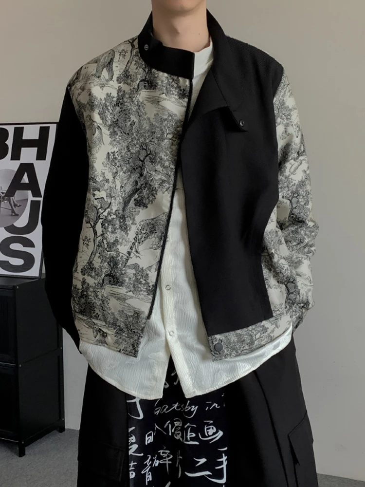 

New Spring 2025 Men's Jaet Patchwork Stand Collar Large Size Youth Faion Watercolor Embroidery National Sle Outerwear