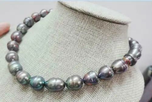 Gorgeous 10-12mm AAA tahitian black baroque pearl necklace 18inch 14k gold