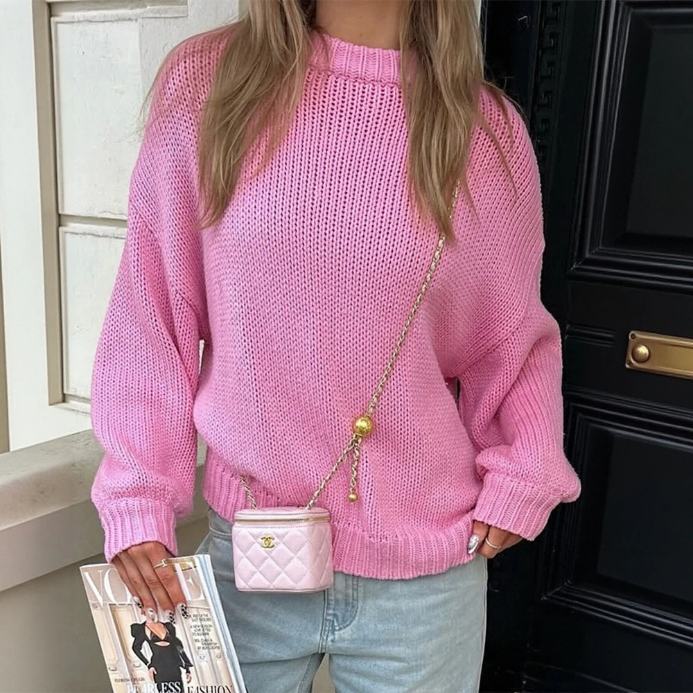 

Свитер с длинными рукавами и круглым вырезом в деловом стиле, облегающий дизайн, прямой рукав, без украшения, модный женский топ