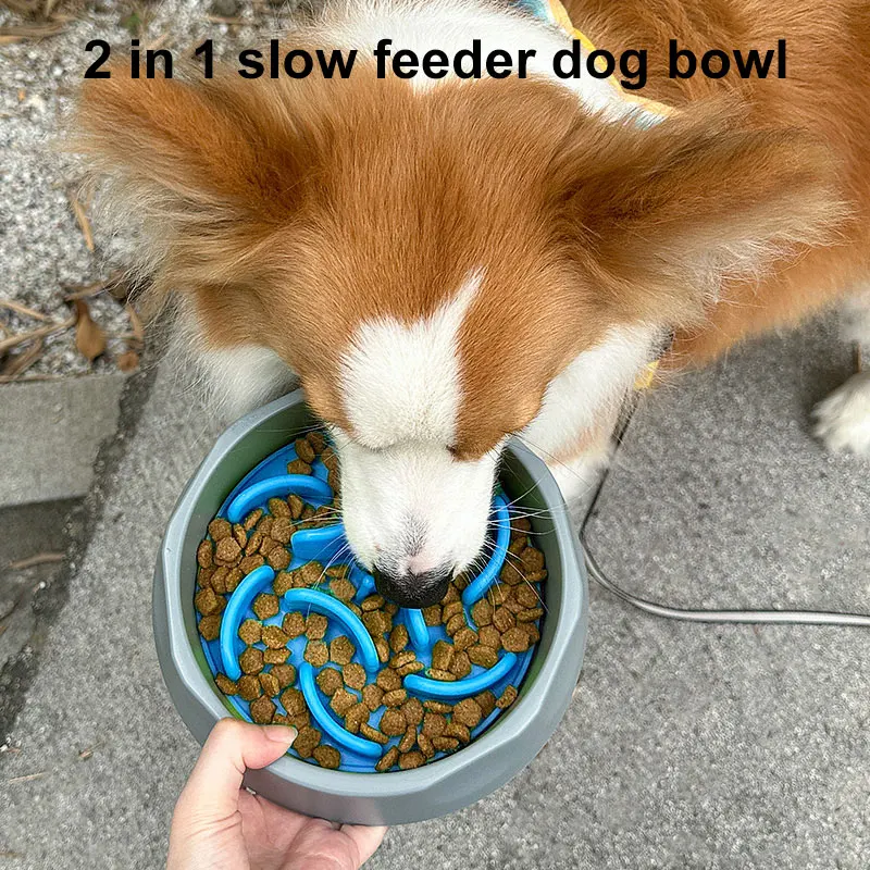 2-in-1 Slow Feed Dog Bowl with Silicone Slow Feed Liner, Food Grade Non-Slip Base, Suitable for Small, Medium and Large Dogs