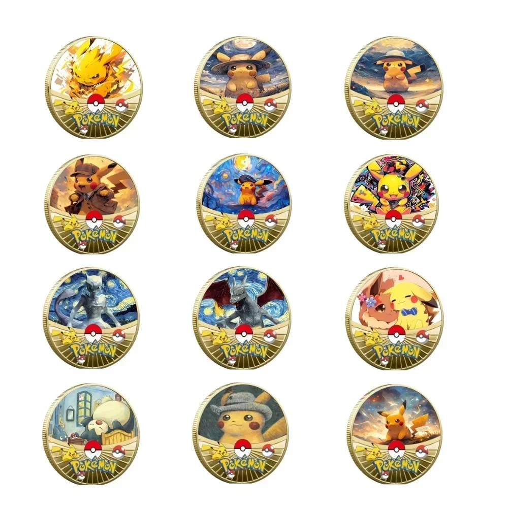 Oil Painting Starry Sky Pokemon Coin Collection Pikachu Mewtwo Eevee Patterns Gold Plated Color 27 Patterns Anime Pokemont Gifts