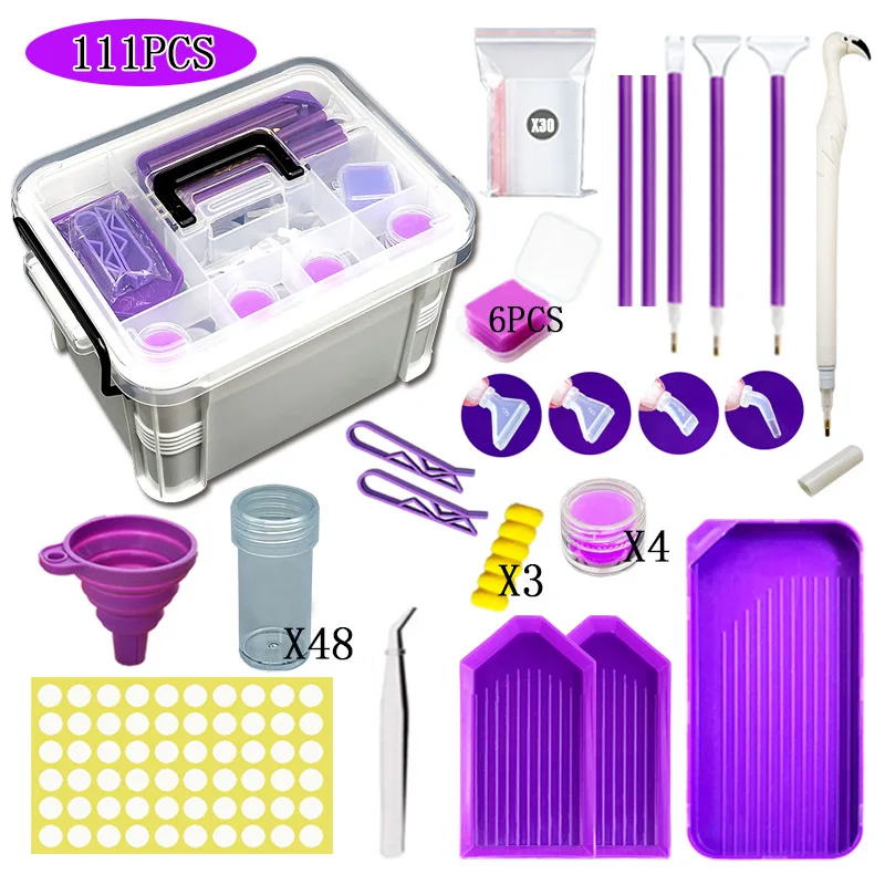 

111PCS Diamond Painting Tool Accessoris Kit with Plastic Storage Box Sorting Trays Bottles Tweezers Pens Wax Funnel for ArtCraft