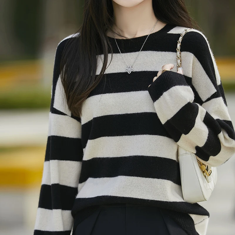 2024 Autumn/Winter New 100% Pure Wool Women's Round Neck Color blocked Striped Wool Knitted Sweater Long Sleeve Versatile Top