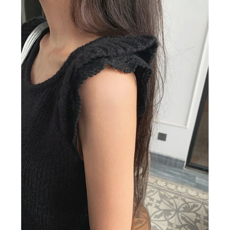 Neploe Chic Sweet Cute Double Layered Flying Sleeves Knitted T-Shirts Femme 2024 Autumn Japanese College Style Solid Color Tees