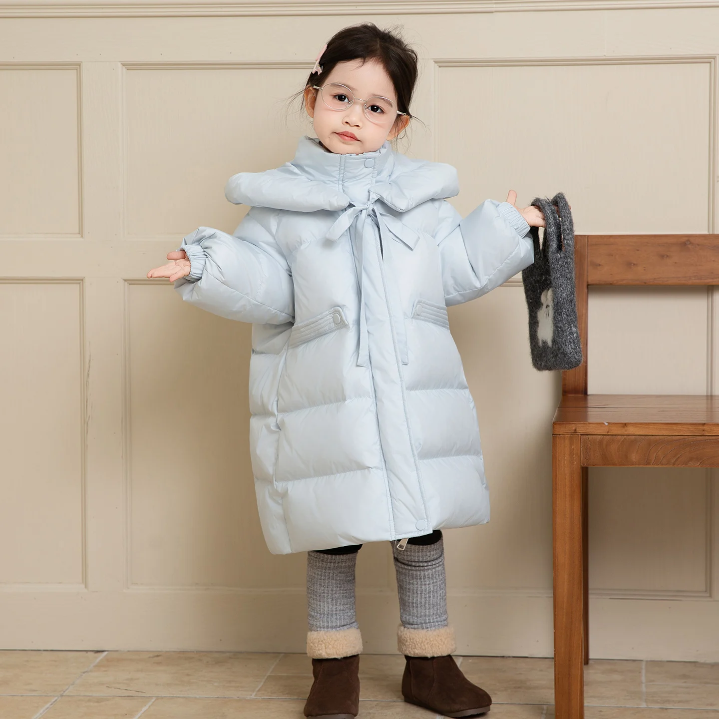 2-11Y الفتيات طويلة الوردي الأسود الأزرق أسفل سترة قطن الشتاء مقنعين الخصر Cinching الحلو بلون لطيف كليب على معطف دافئ القطن