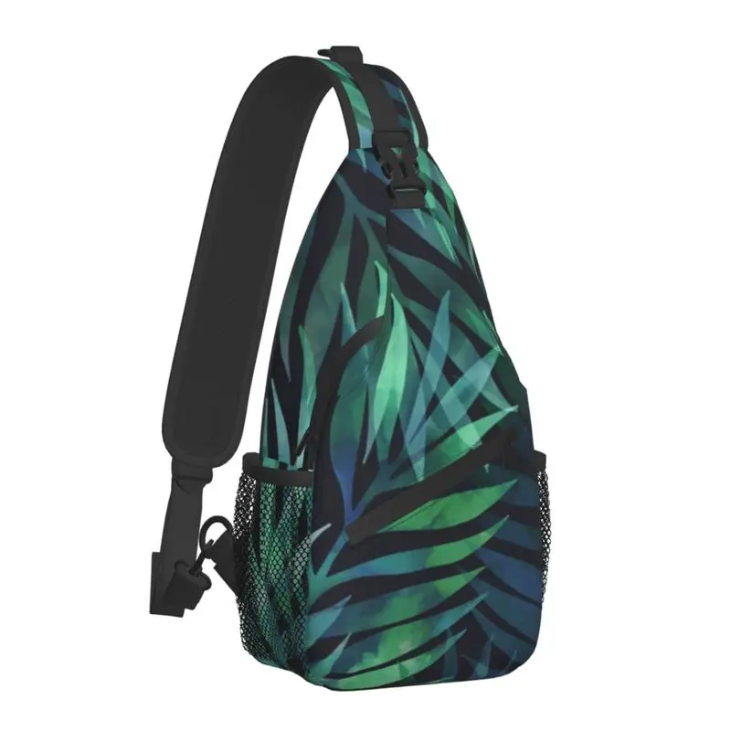 Casual Dark Groene Bladeren Patroon Crossbody Sling Rugzak Mannen Tropische Planten Schouder Borst Zakken Voor Wandelen