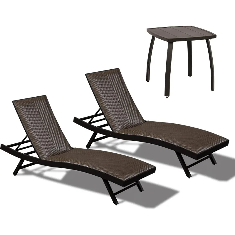 Domi 3 Piece Outdoor Lounger Set, Aluminum Patio Upholstered Quick Dry Foam Wicker Lounger with Adjustable Backrest