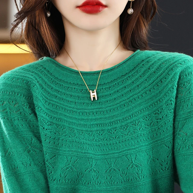 2023 Autumn New 100% Pure Wool Knitted Pullover Women\'s O-Neck Long-Sleeved Sweater Female Fashion Hollow Out Women\'s Shirt